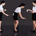 Three Female Servers In Uniform With Trays And Cups Demonstrating Service Postures