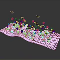 Purple Grid Surface With Colorful Small Spheres And Floating Black Objects