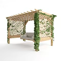 Wooden Pergola Play Equipment With Hanging Swing Side Benches And Green Vines