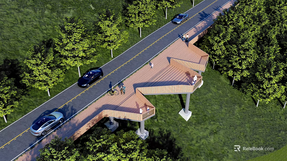 Wooden Pedestrian Bridge Over Road With Vehicles Pedestrians And Green Surroundings 3d model 