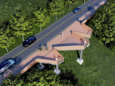 Wooden Pedestrian Bridge Over Road With Vehicles Pedestrians And Green Surroundings 3d model