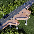 Wooden Pedestrian Bridge Over Road With Vehicles Pedestrians And Green Surroundings