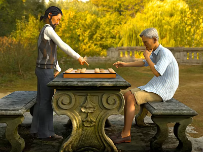 Two Men Playing Chess At Outdoor Garden Stone Table 3d model