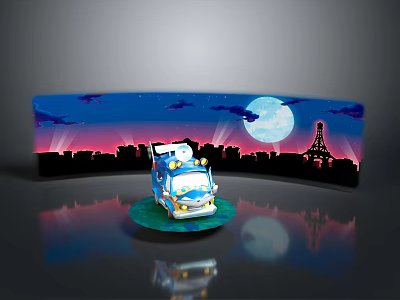 Commercial Equipment Vehicle Model With City Night Moon Clouds And Eiffel Tower On Green Platform 3d model