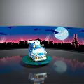 Commercial Equipment Vehicle Model With City Night Moon Clouds And Eiffel Tower On Green Platform