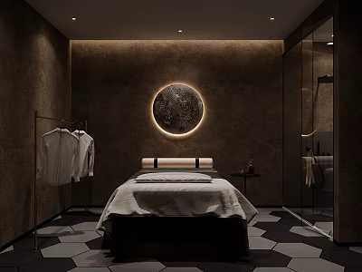 Luxurious SPA Sauna Featuring Massage Bed White Robes Dark Brown Walls Circular Light Hexagonal Tiles 3d model