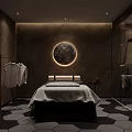 Luxurious SPA Sauna Featuring Massage Bed White Robes Dark Brown Walls Circular Light Hexagonal Tiles