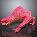 Red Dinosaur Game Movie Character With Scales Claws Green Eyes Fierce Crawling Stance