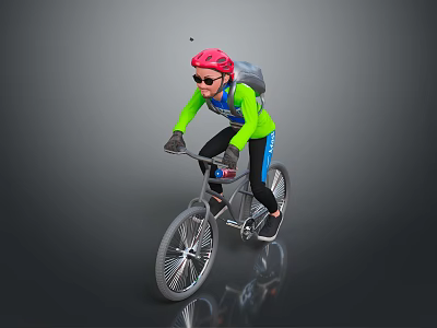 Cyclist Riding Bicycle With Red Helmet Sunglasses Green Jacket Blue Pants And Backpack 3d model