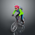 Cyclist Riding Bicycle With Red Helmet Sunglasses Green Jacket Blue Pants And Backpack