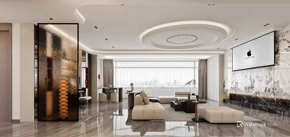 Modern Living Dining Room Interior Design With Sofa Coffee Table And Floor to Ceiling Windows 3d model 