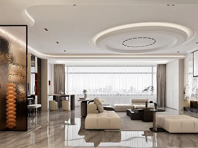 Modern Living Dining Room Interior Design With Sofa Coffee Table And Floor to Ceiling Windows 3d model