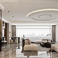 Modern Living Dining Room Interior Design With Sofa Coffee Table And Floor to Ceiling Windows