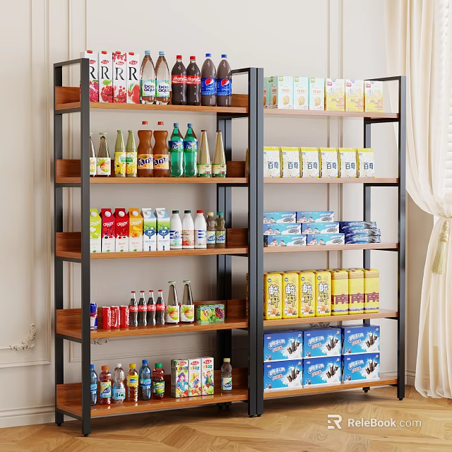 Neatly Arranged Bottled Drinks And Packaged Food On Wooden Metal Shelf 3d model 