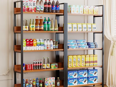 Neatly Arranged Bottled Drinks And Packaged Food On Wooden Metal Shelf 3d model