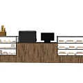 Wooden Bakery Reception Counter With Glass Display Cases Cash Register And Bread Baskets