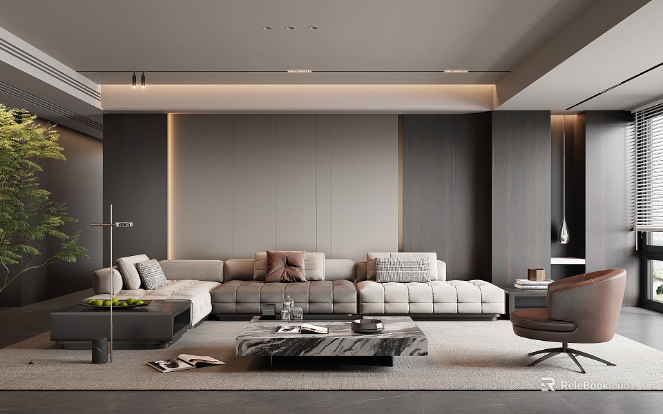 Modern Living Room Interior Design With Gray Sofa Pillows Marble Coffee Table And Brown Chair 3d model 