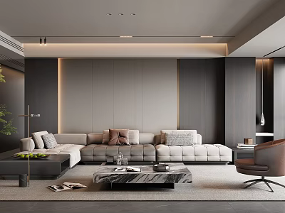 Modern Living Room Interior Design With Gray Sofa Pillows Marble Coffee Table And Brown Chair 3d model