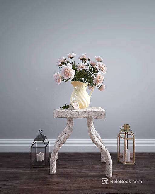 Elegant Commercial Decorative Equipment With Vase Pink Flowers Stone Table And Lanterns 3d model 