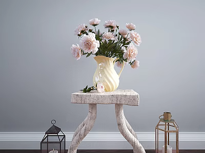 Elegant Commercial Decorative Equipment With Vase Pink Flowers Stone Table And Lanterns 3d model