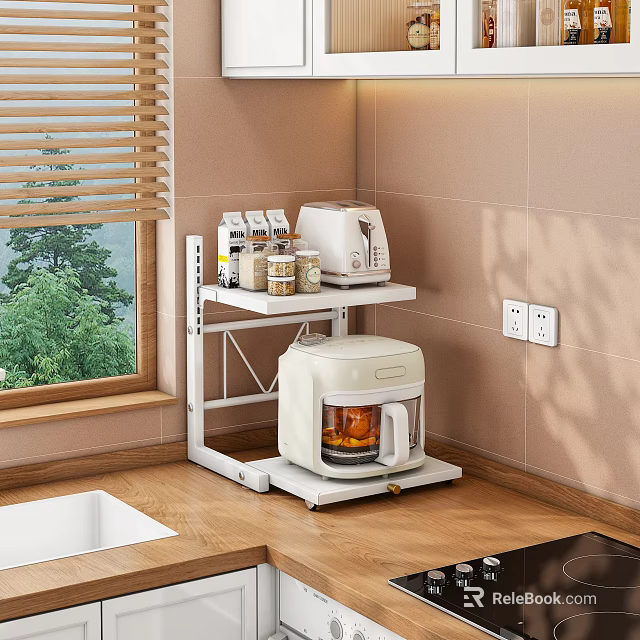 Kitchen Corner Interior With White Shelf Coffee Machine Toaster Wooden Countertop And Green Trees 3d model 