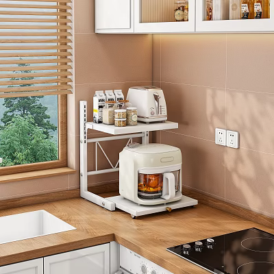 Kitchen Corner Interior With White Shelf Coffee Machine Toaster Wooden Countertop And Green Trees 3d model