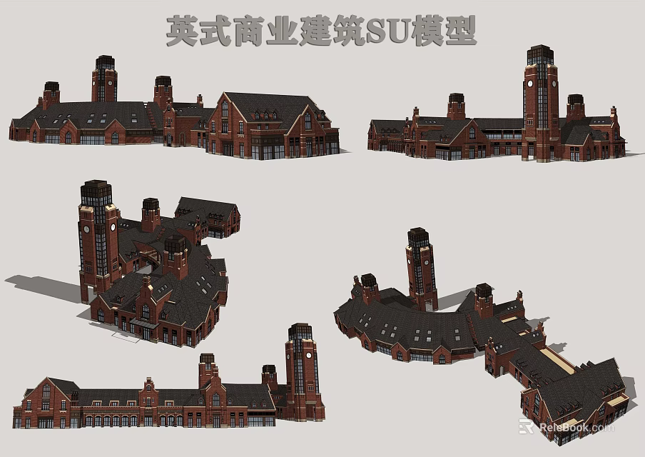 British Style Commercial Complex SU Model With Traditional Red Brick Architecture And Towers 3d model 