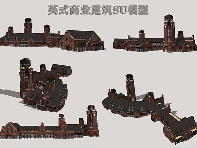 British Style Commercial Complex SU Model With Traditional Red Brick Architecture And Towers 3d model