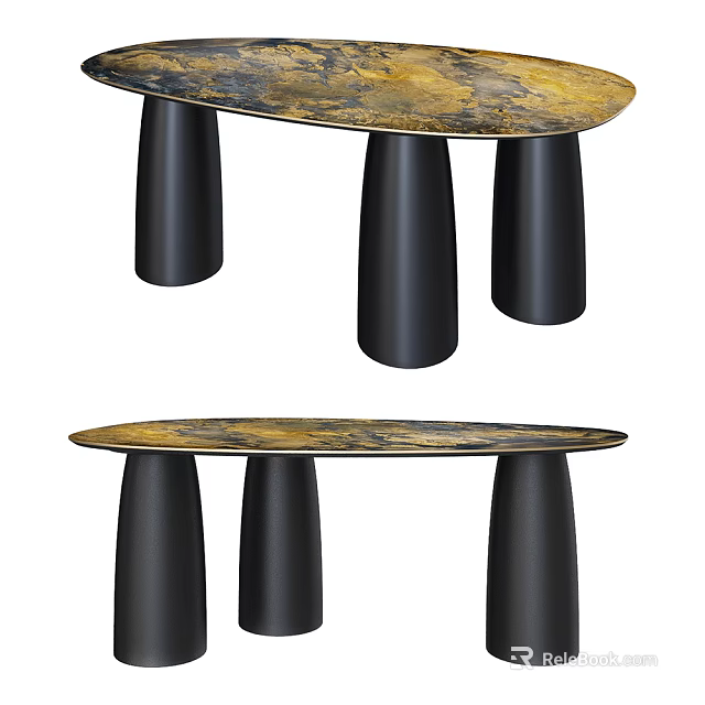 Modern Two Coffee Tables With Gold Textured Tops And Black Cylindrical Legs 3d model 