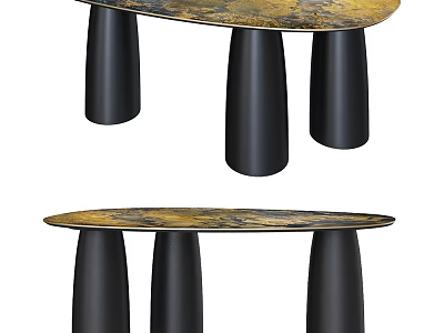 Modern Two Coffee Tables With Gold Textured Tops And Black Cylindrical Legs 3d model