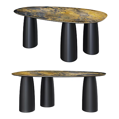 Modern Two Coffee Tables With Gold Textured Tops And Black Cylindrical Legs 3d model