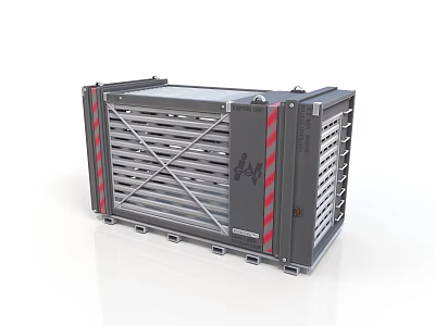 Gray Industrial Storage Equipment With Metal Grid Door Red Warning Stripes And Base Supports 3d model