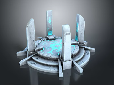 Ancient Stone Sculpture Carving With Circular Platform And Glowing Blue Pillars 3d model