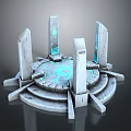 Ancient Stone Sculpture Carving With Circular Platform And Glowing Blue Pillars