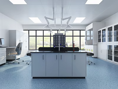 Modern Laboratory Interior Design With Spacious Workbench Cabinets Large Windows And Bright Lighting 3d model