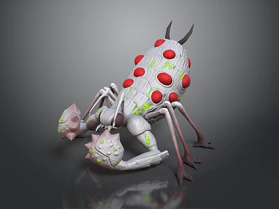Gray Mythical Creature with Red Dots Green Eyes Horns Multi Legs and Spiked Scorpion Claws 3d model