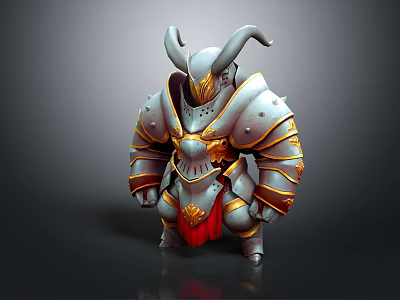 Armored Warrior Creature 3D Model With Horns Silver Armor Golden Accents And Red Cape 3d model
