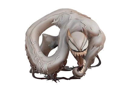 Grayish White Venom Like Monster Sculpture With Sharp Fangs Open Mouth And Tentacles 3d model