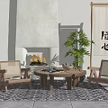 Rustic Wooden Table And Chairs Set With Fireplace Plant And Rug In Cozy Interior
