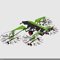 Green Agricultural Hay Rake Machinery With Multiple Rotary Tine Arms And Red Wheels