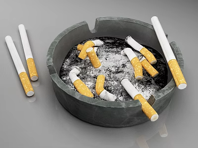 Gray Stone Ashtray With Cigarette Butts Ash And Surrounding Cigarettes 3d model