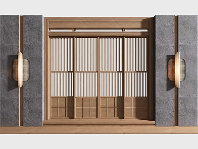Wooden Sliding Doors With Lattice Design In Architectural Gray Wall And Wall Lanterns 3d model