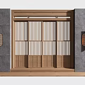 Wooden Sliding Doors With Lattice Design In Architectural Gray Wall And Wall Lanterns