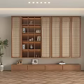 Modern Wooden Bookcase With Lattice Doors Decorative Items And Potted Plant On Wooden Floor