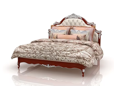 Elegant Double Bed With Carved Headboard Classic Design And Ornate Bedding Pillows 3d model