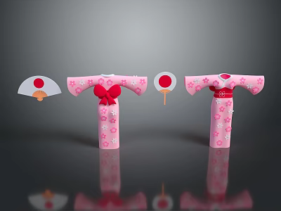 Pink Cherry Blossom Kimono With Red Bow Details Traditional Fans And Decorative Elements 3d model