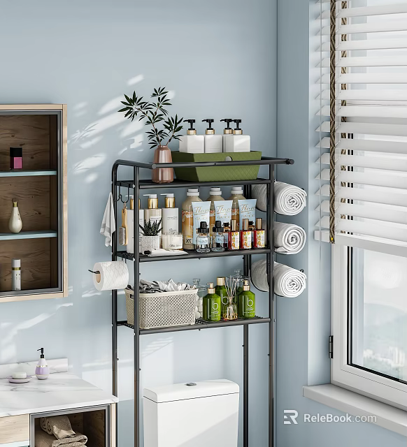 Organized Bathroom Accessories on Multi tier Storage Shelf with Towel Rolls Toiletries Bottles Green Plants 3d model 