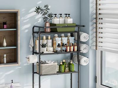 Organized Bathroom Accessories on Multi tier Storage Shelf with Towel Rolls Toiletries Bottles Green Plants 3d model
