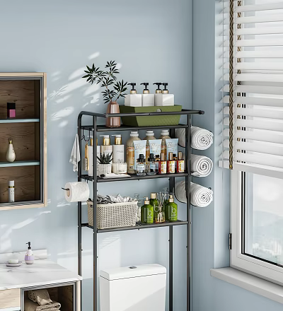 Organized Bathroom Accessories on Multi tier Storage Shelf with Towel Rolls Toiletries Bottles Green Plants 3d model