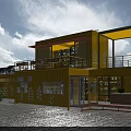 Yellow Container Tourist Center Building With Balcony Glass Facade And Outdoor Area